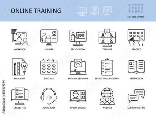 Online training vector icons. Set with editable stroke. Workshop practice guide instruction. Calendar schedule education seminar presentation test communication webinar course audio book