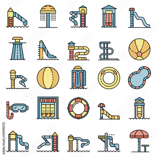 Aquapark icons set. Outline set of aquapark vector icons thin line color flat on white