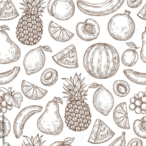 Seamless sketch pattern with fruits on a white background. Vector background in retro style.