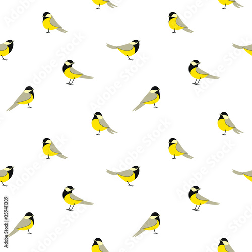Seamless trendy pattern with chickadee. Cartoon vector illustration for prints, clothing, packaging and postcards.