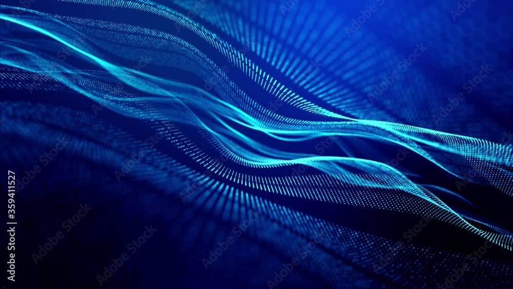 4k looped abstract background of glow particles form lines, surfaces as futuristic landscape in cyberspace or hologram. Sci-fi theme of microworld, nanotechnology or cosmic space. Blue stripes 19