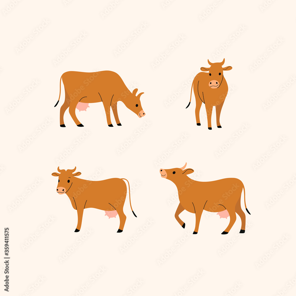 Cartoon cow flat icon. Сute animals set of icons.