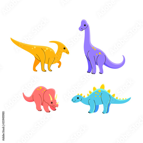 Cartoon animal characters. Set of dinosaurs - ceratops  parasaurolophus  brachiosaurus   stegosaurus.