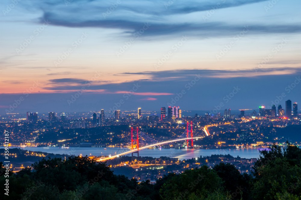 Istanbul Bosphorus Bridge at night. 15th July Martyrs Bridge (15 Temmuz Sehitler Koprusu). Istanbul, Turkey.
