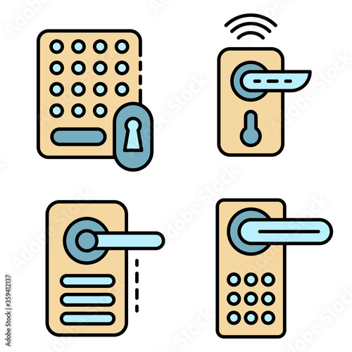 Wireless door lock icons set. Outline set of wireless door lock vector icons thin line color flat on white
