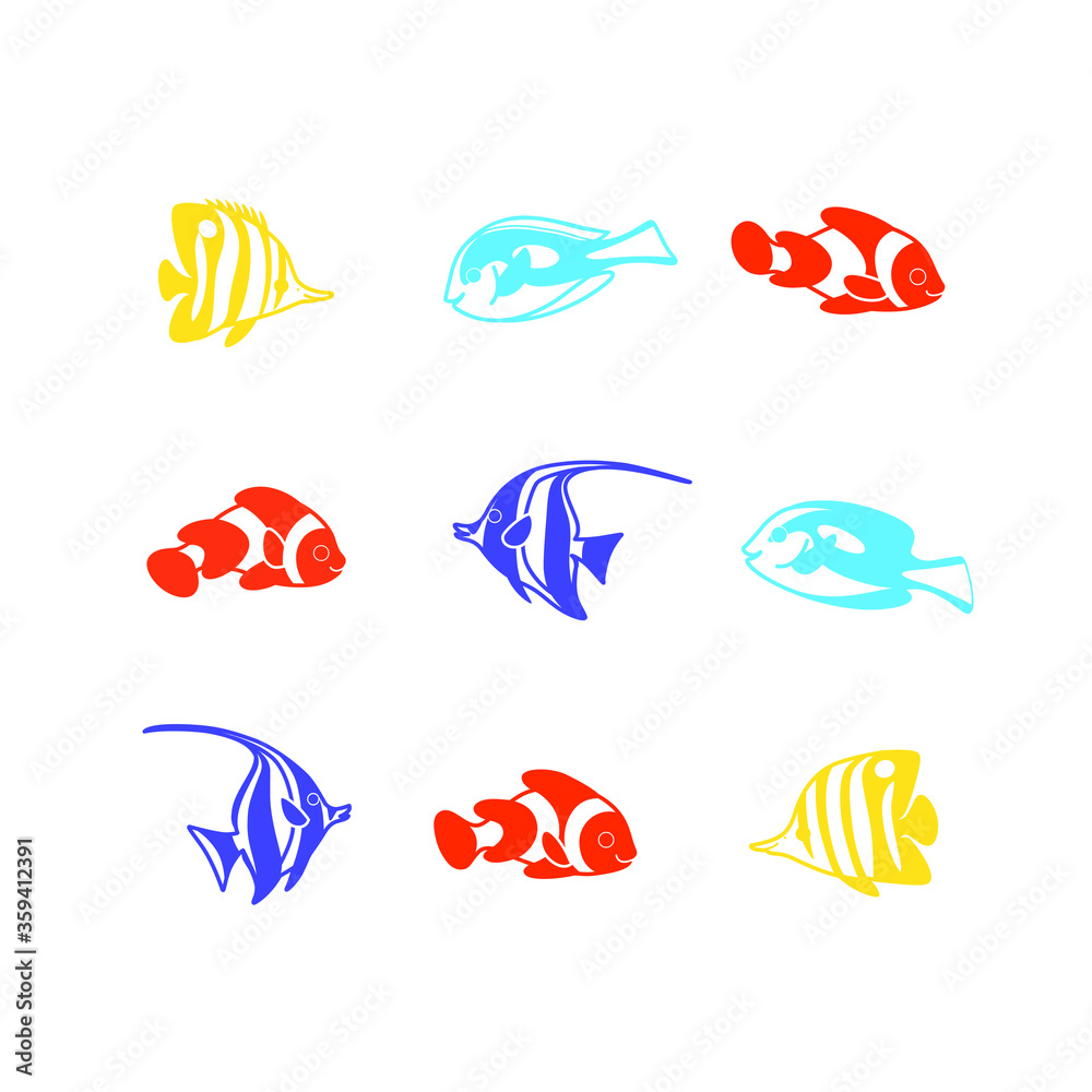 Group of fishes - coral fishes isolated on white background. Clown fish, butterfly fish, fish surgeon and moorish idol fish. Vector contour illustration.