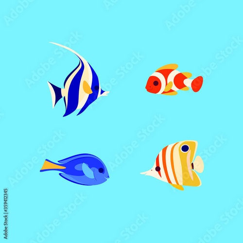 Group of fishes - coral fishes isolated on blue background. Clown fish, butterfly fish, fish surgeon and moorish idol fish. Vector illustration in colorful style.