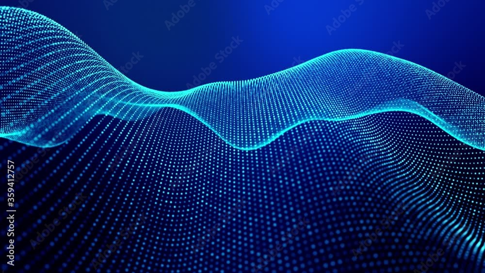 4k looped abstract background of glow particles form lines, surfaces as futuristic landscape in cyberspace or hologram. Sci-fi theme of microworld, nanotechnology or cosmic space. Blue 17