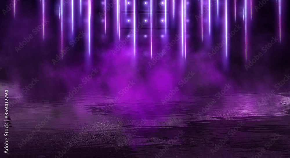 Dark street, room, wet asphalt, puddles, neon light. Reflection of neon light in the water. Night view of the dramatic city, smoke, smog, fog, shadow. Neon lights of the night city.