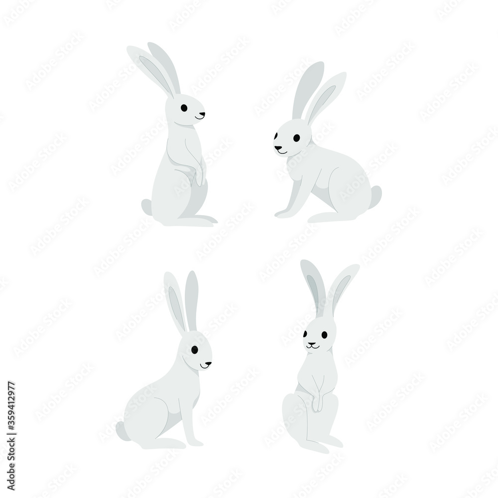 Cartoon hare icon set. Cute animal character in different poses. Vector illustration for prints, clothing, packaging, stickers.
