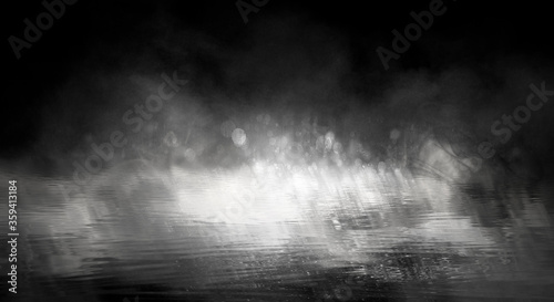 Dark street, room, wet asphalt, puddles, neon light. Reflection of neon light in the water. Night view of the dramatic city, smoke, smog, fog, shadow. Neon lights of the night city.
