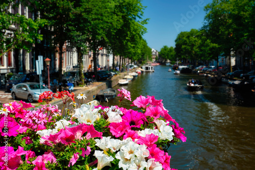 Amsterdam canal with passing boats view over flowers on the bridge. Focus on flowers. Amsterdam, Netherlands
