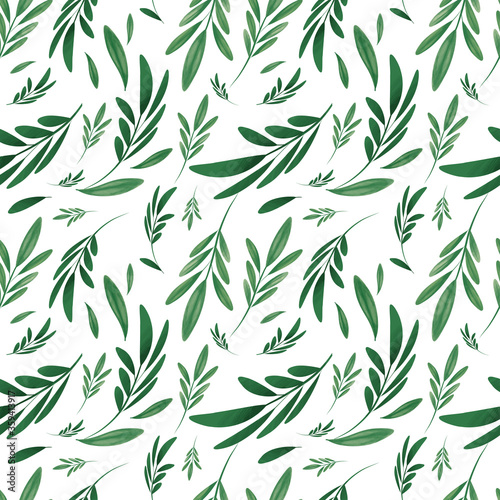 Seamless botanical pattern of leaves drawn with colored pencils