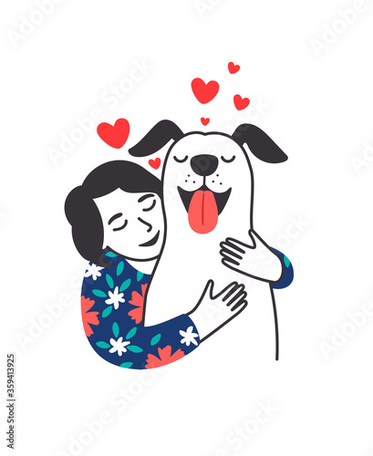 Female pet friend. Cartoon young woman hugging cute puppy with care and love, cozy relaxing friendship of girl and dog, happy poster with red hearts isolated on white background, vector illustration