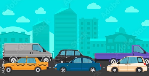 Downtown traffic jam. Different cars on road, city transportation flat vector illustration