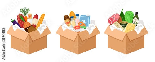 Food boxes. Christmas donations, different cardboard packaging from grocery store with cheese meat vegetables vector illustration