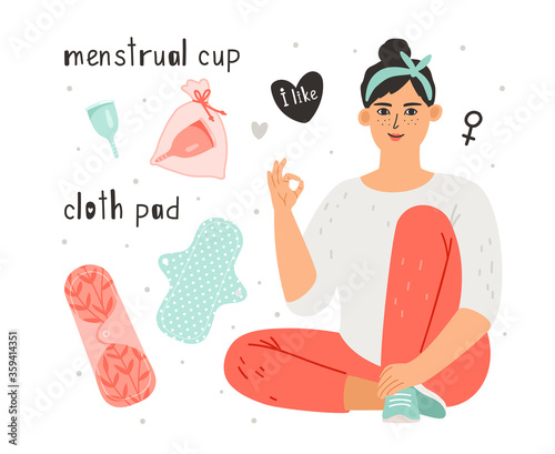 Feminine hygiene. Menstrual cup and cloth pad is hygiene items for protection woman during menstrual cycle, cartoon female without menses problems isolated on white background, vector illustration