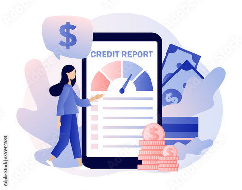 Credit report online. Credit rating in app. Personal credit score information. Tiny woman analysts credit risk control. Modern flat cartoon style. Vector illustration on white background