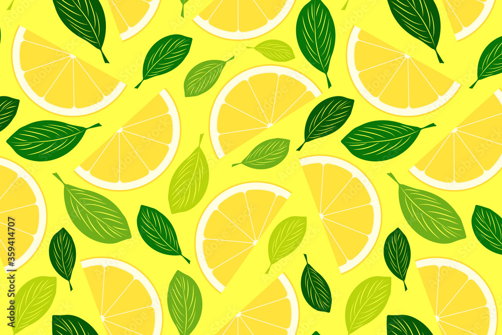 Summer lemon and basil vector seamless pattern. Fresh yellow fruit illustration for print design, wallpaper, wrapping paper, fabric, textile, background, calendar Summer lemon and basil vector seamless pattern. Fresh yellow fruit illustration for print design, wallpaper, wrapping paper, fabric, textile, background, calendar