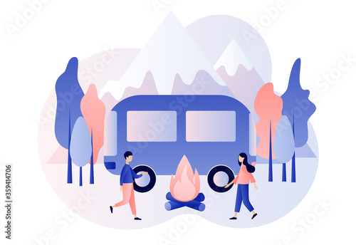 Camping concept. Nature tourism. Tiny people in summer camp with camping car, tent, campfire, mountains and forest. Modern flat cartoon style. Vector illustration on white background
