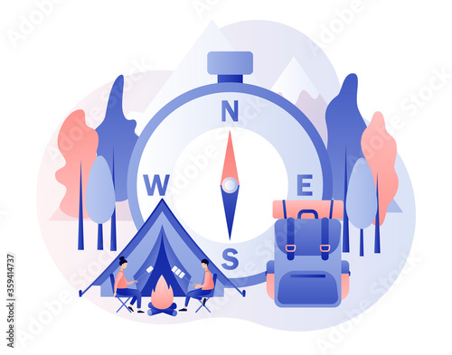 Camping concept. Nature tourism. Tiny people in summer camp with big compass, travel backpack, tent, campfire, mountains and forest. Modern flat cartoon style. Vector illustration on white background