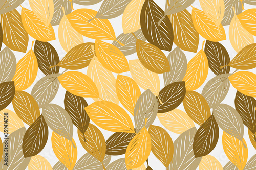 Nice leaves vector seamless pattern in warm autumn palette. Hand drawn doodle foliage illustration for print design, wallpaper, wrapping paper, cover, menu