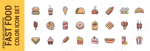 Fast food line color icon set. Burger, sandwich, pizza, hot dog, cola, coffee, sweets