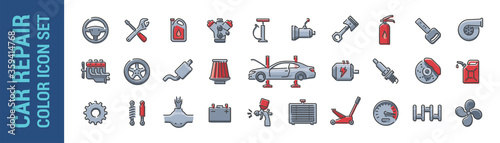 Car repair vector line color icon set. Mechanic tools & car parts