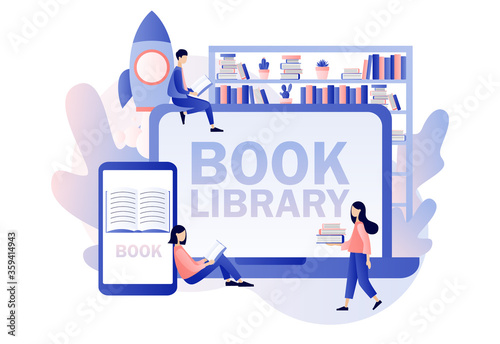 Book library online. Literature fans, E-book, media library, learning online, reading app. Tiny people reading books. Modern flat cartoon style. Vector illustration on white background