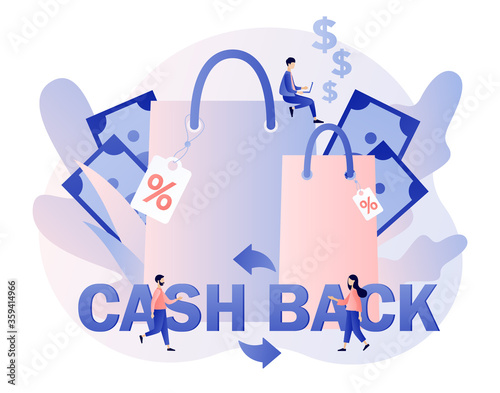 Cash back concept. Tiny people refund money. Reward program, transfer money, online banking, online shopping, money growth. Modern flat cartoon style. Vector illustration on white background