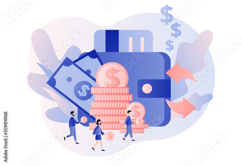 Cash back concept. Reward program, transfer money, online banking, online shopping, money growth. Tiny people refund money. Modern flat cartoon style. Vector illustration on white background