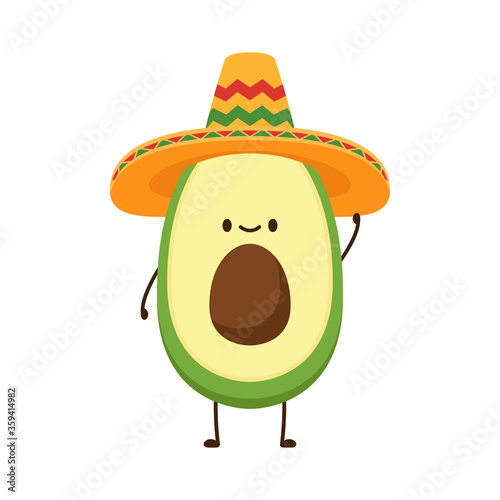 Avocado in Mexican hat. Avocado character design. avocado on white background. Mexican hat vector.