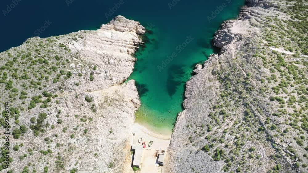 Croatia, Adriatic sea coastline, lone secret beaches near Vrsi, among stone cliffs Croatia, Adriatic sea coastline, lone secret beaches near Vrsi, among stone cliffs