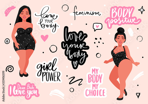 Body positive, feminism sticker collection. Love your body, girl power, my body my rules - activists slogan.