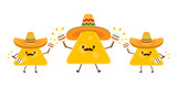 Nacho in Mexican hat. Nacho character design. Nachos on white background. Mexican hat.