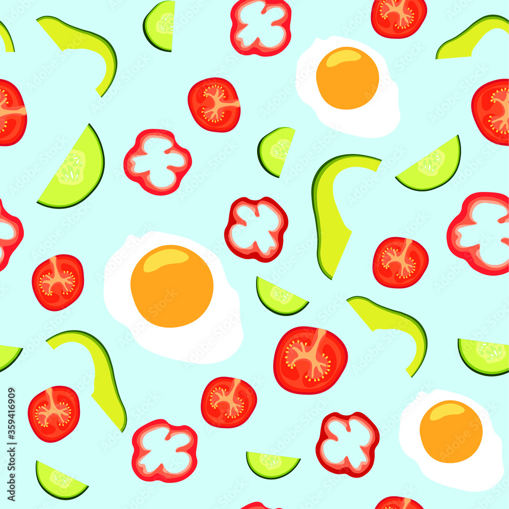 Obraz premium Seamless vector pattern with vegetables and eggs. Blue background. Multicolored icons.