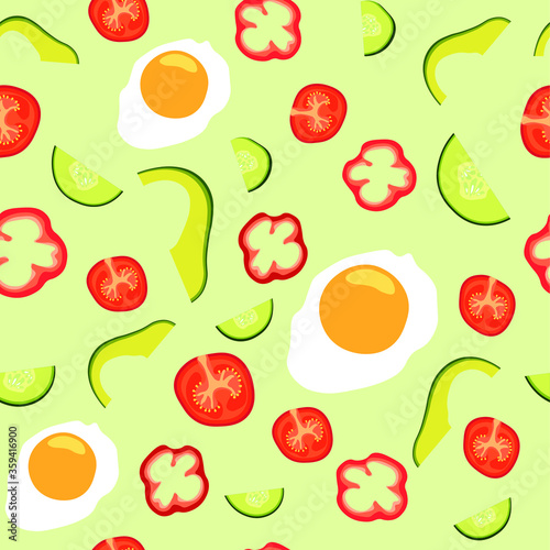 Fototapeta Naklejka Na Ścianę i Meble -  Seamless vector pattern with vegetables and eggs. Green background. Multicolored icons.