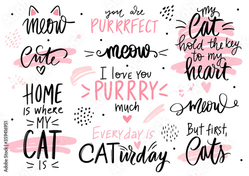 Photo Cats quotes set, meow lettering, fashion kitty phrases