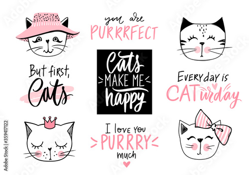Fotografie, Obraz Doodle Cats illustration and kitten quotes, meow lettering