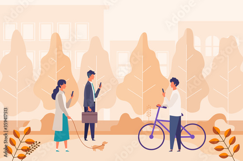 Landscape with people using mobile phone, texting, walking at city park. Men and women looking at social media.
