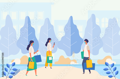 Landscape with masked people carrying shopping bags at summer city street. Man and woman taking part in seasonal sale at   mall on new normal.