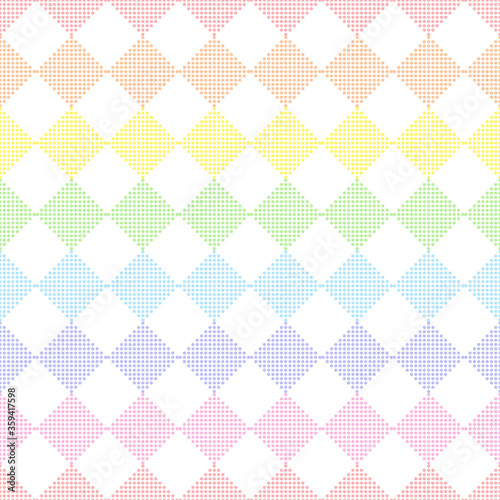 Rainbow seamless rhombus pattern, vector illustration. Rhomb from dots geometric colorful pattern. Kids pastel rainbow geometric seamless background on white background