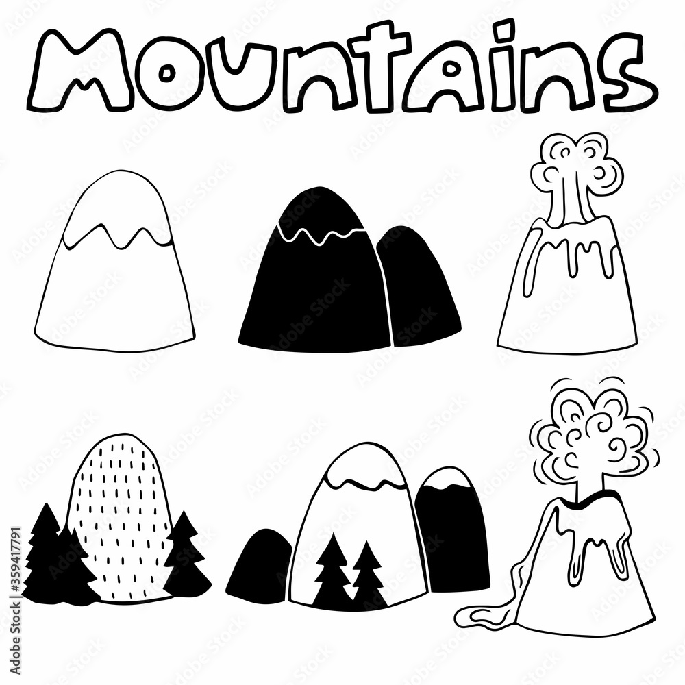 Set of hand drawn doodle sketch mountains. Doodles black silhouette of mountain. Landscape for logo emblem your design. Flat vector illustration with text isolated on white background Set of hand drawn doodle sketch mountains. Doodles black silhouette of mountain. Landscape for logo emblem your design. Flat vector illustration with text isolated on white background