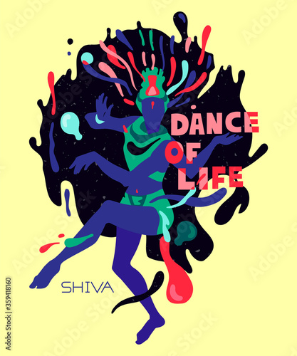 Hand-drawn psychedelic poster with the Hindu dancing god Shiva. Printing on t-shirts, clothes, bags, posters.