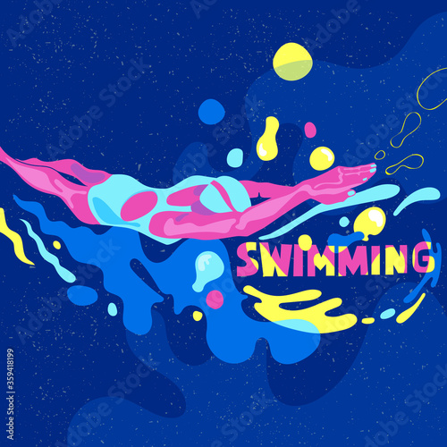 Abstract girl swims. Illustration in the psychedelic style of the 70s. Healthy lifestyle. Sports poster