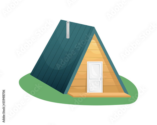 Cozy country triangular house made of wood with a veranda. Suburban housing. Private house. Farm. Agriculture, farming.