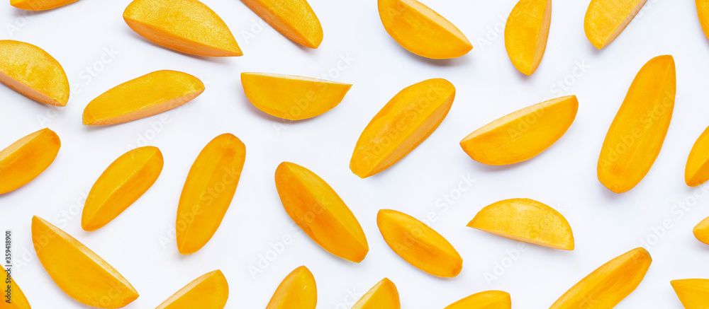 Tropical fruit, Mango slices on white background. Tropical fruit, Mango slices on white background.