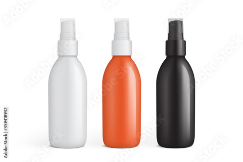white, orange and black plastic spray bottle isolated on white background 