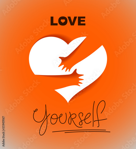 Heart and hands hugging love yourself vector concept, loving hands, adore passion and care stylish illustration.