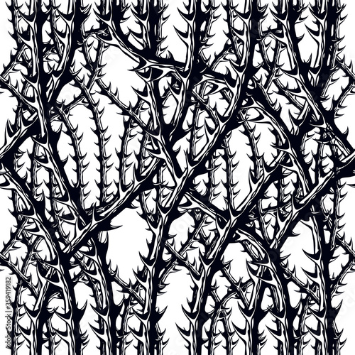 Horror style horrible seamless pattern, vector background. Blackthorn branches with thorns stylish endless illustration. Hard Rock and Heavy metal subculture music textile fashion stylish design.
